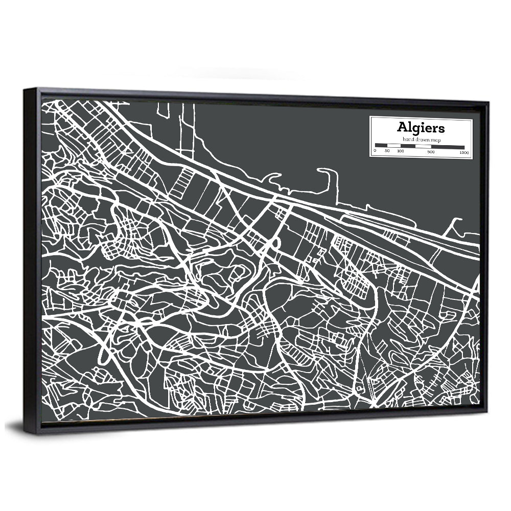 Algiers City Map, Minimal Gray Wall Art