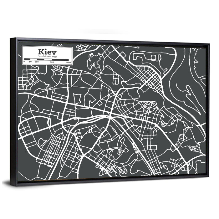 Kiev Street Grid Map Wall Art as a framed canvas