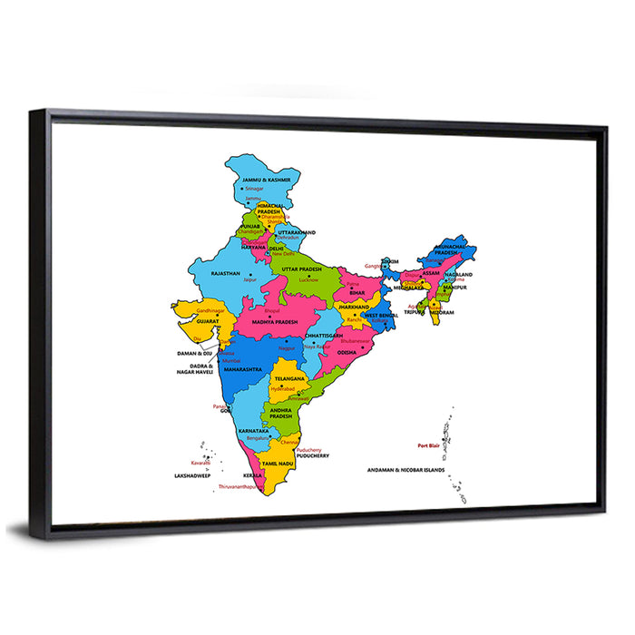 India Political Map Wall Art as a framed canvas