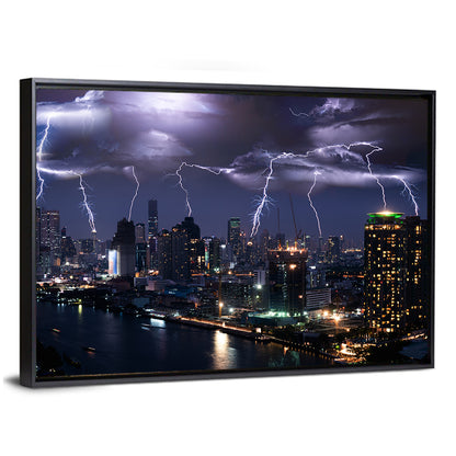 Night Lightning Over River Skyline Wall Art
