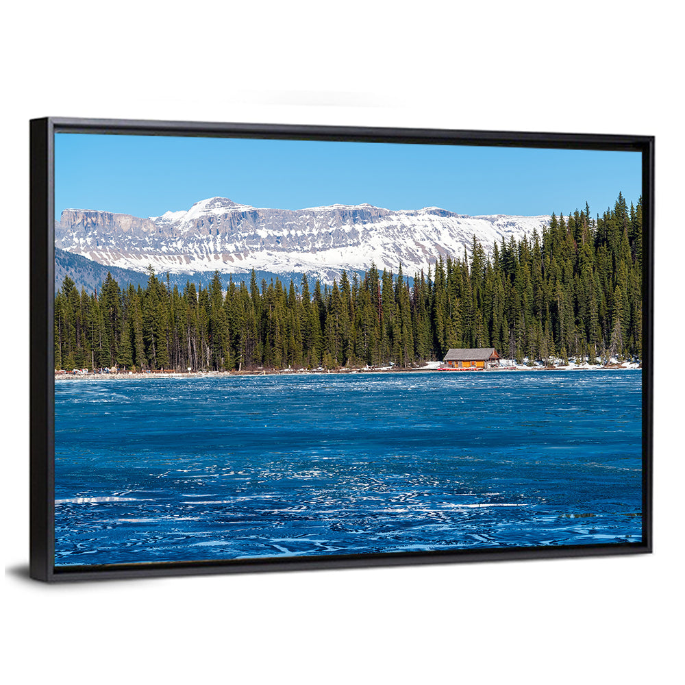 Boathouse on Frozen Lake Louise Wall Art
