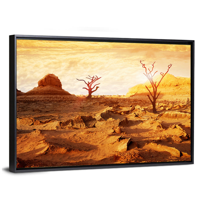 Skeletal Trees in Golden Desert Wall Art as a framed canvas