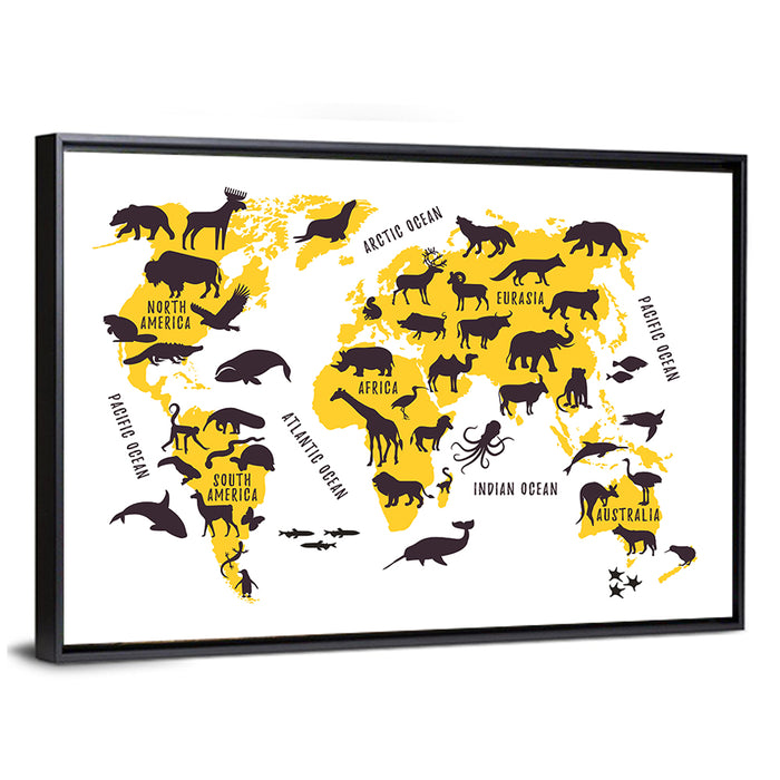 Animal World Map Wall Art as a framed canvas