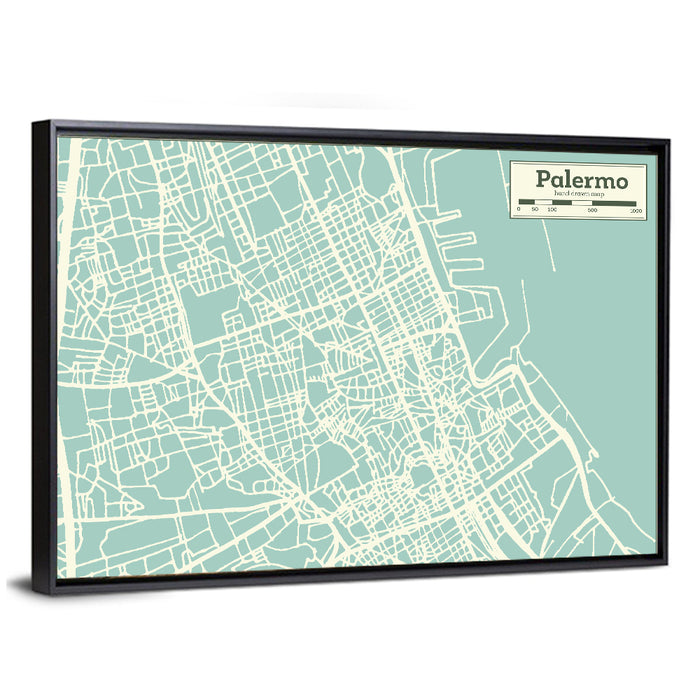 Palermo Coastal Map Wall Art as a framed canvas