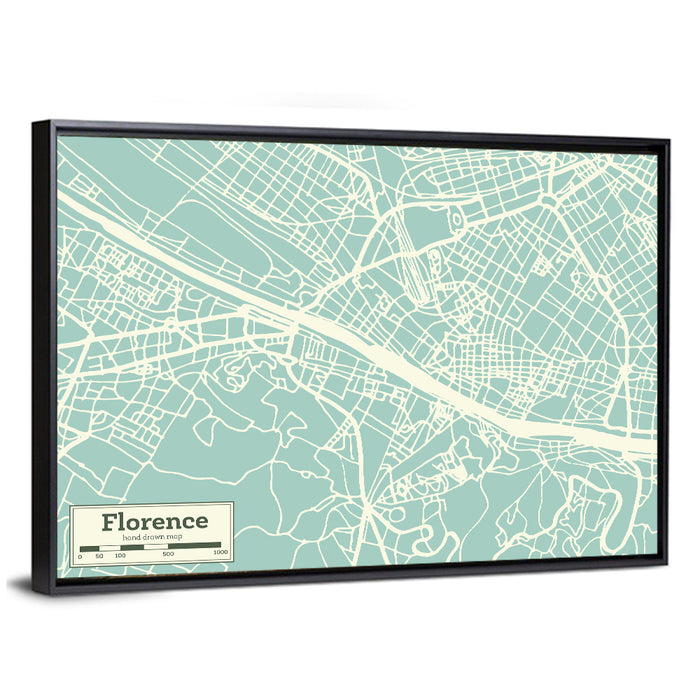 Florence Arno River Map Wall Art as a framed canvas