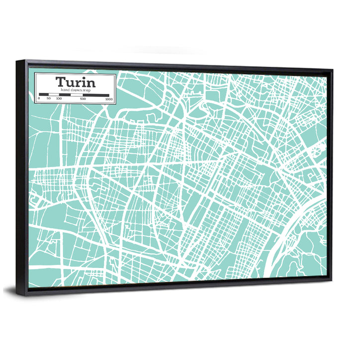 Turin Teal City Map Wall Art as a framed canvas