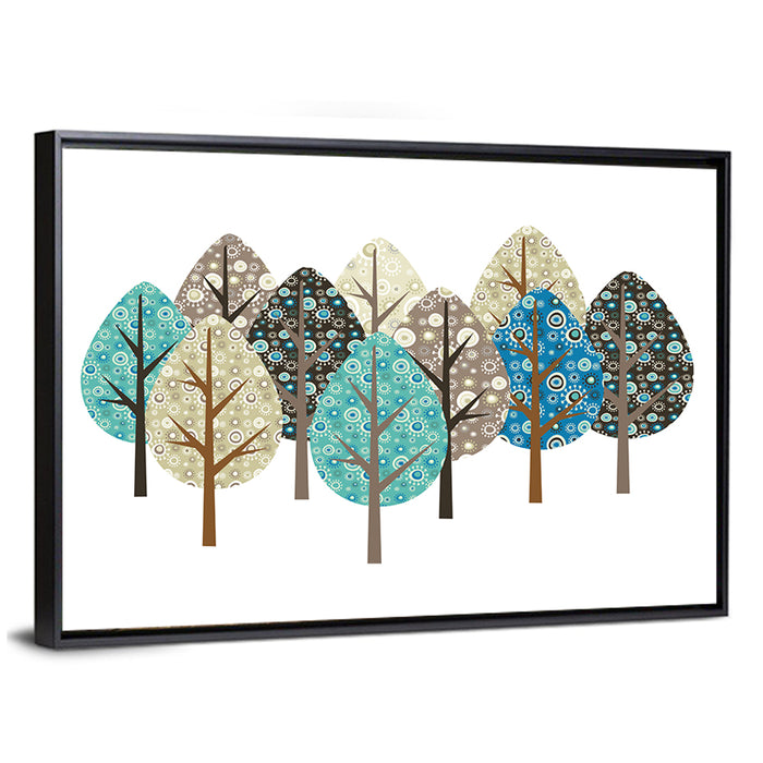 Blue Autumn Patterned Trees Wall Art as a framed canvas