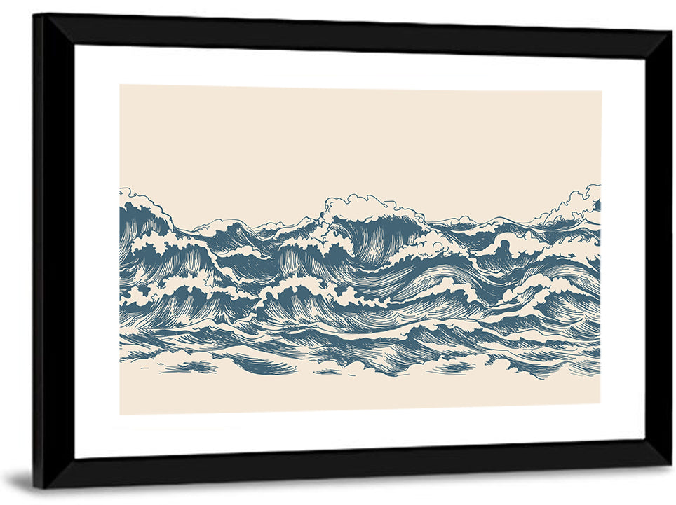 Ink Style Sea Waves Sketch Wall Art
