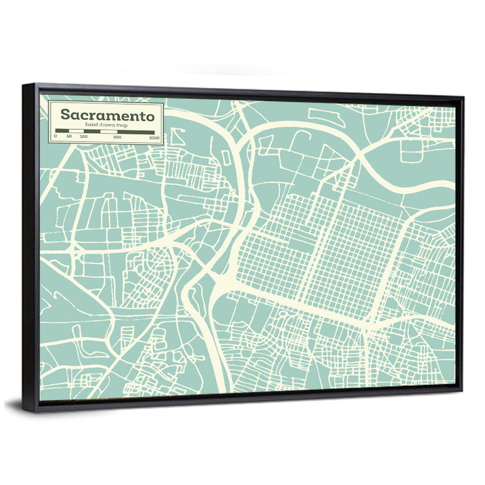 Sacramento River Map Wall Art as a framed canvas