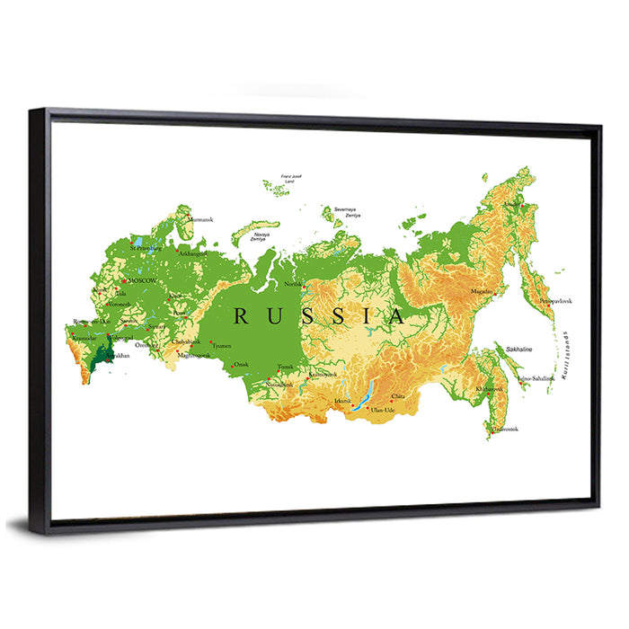 Russia Topographic Relief Map Wall Art as a framed canvas