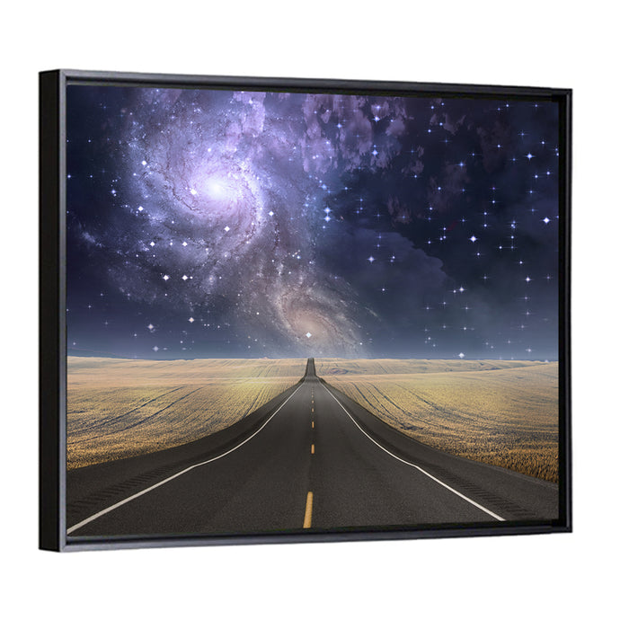 Galaxy Over Empty Road Wall Art as a framed canvas