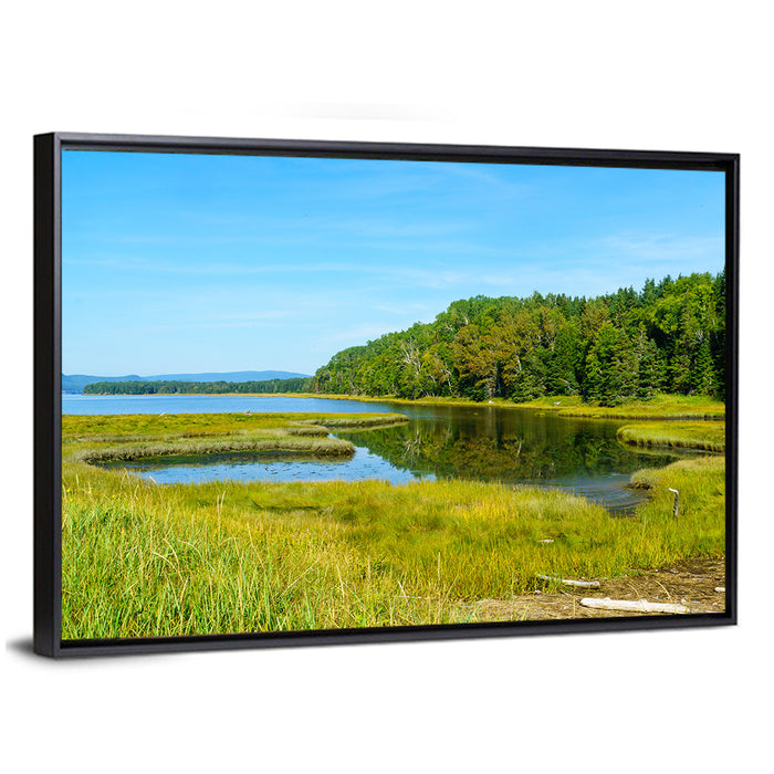 Forillon Lake and Meadow, Quebec Wall Art as a framed canvas