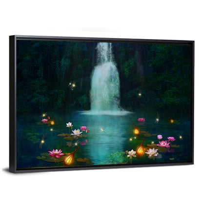 Moonlit Lotus Pond and Waterfall Wall Art