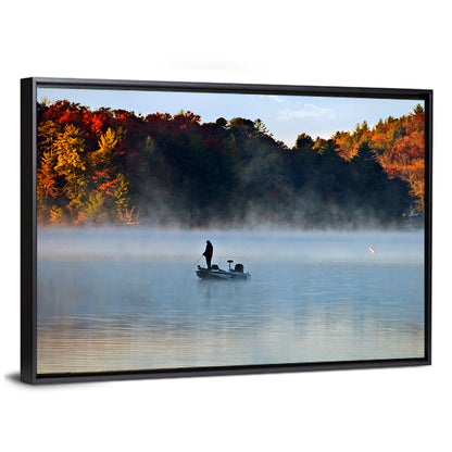 Misty Lake Fisherman Silhouette Wall Art