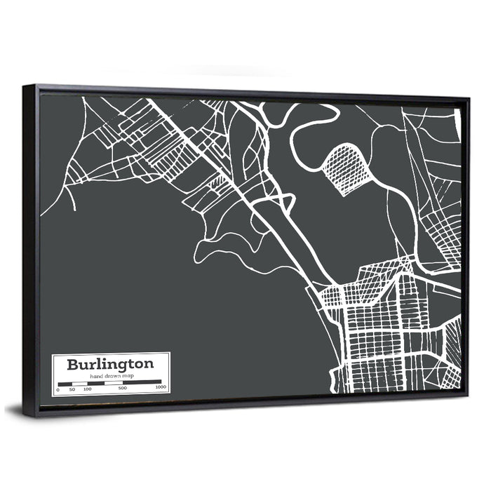 Burlington Vermont Street Grid Map Wall Art as a framed canvas