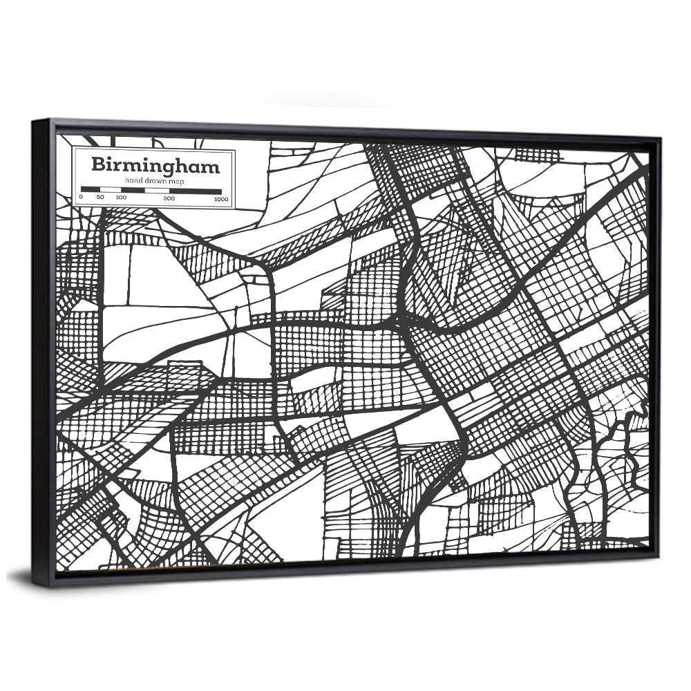 Birmingham Black and White City Map Wall Art
