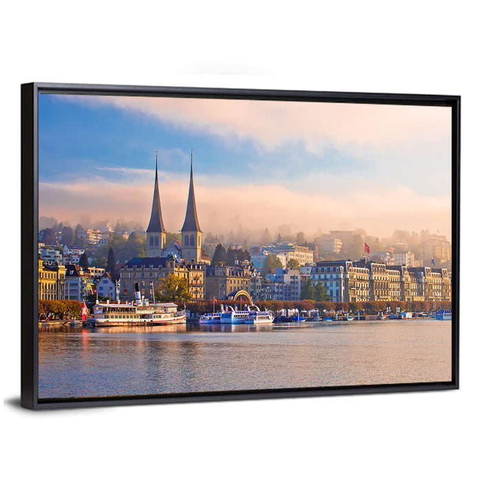 Hofkirche Lucerne Morning Reflection Wall Art as a framed canvas