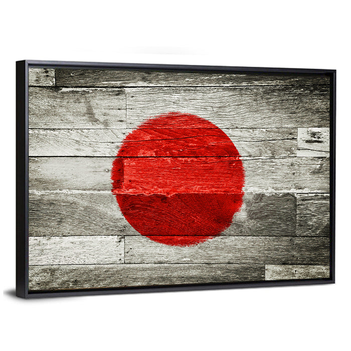 Japanese Flag on Distressed Wood Wall Art as a framed canvas