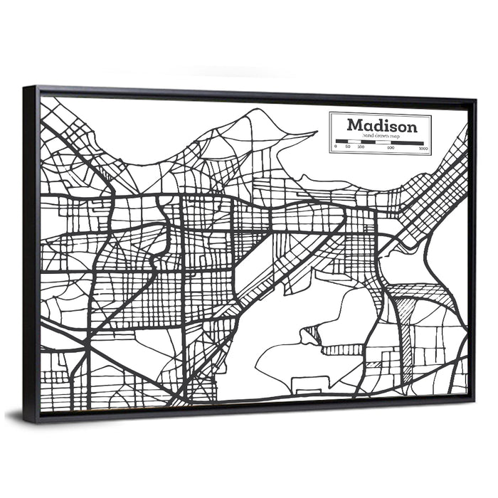 Hand Drawn Madison City Map Wall Art as a framed canvas