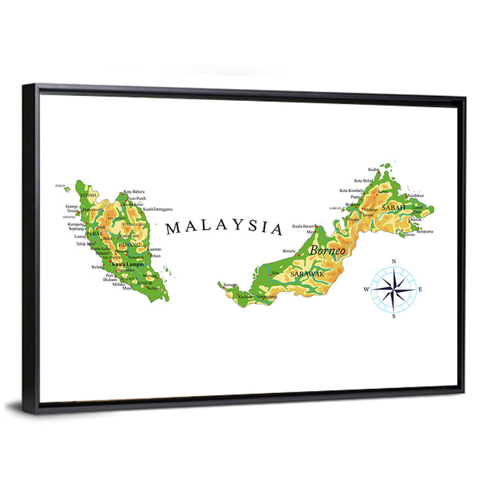 Malaysia Topographic Map Wall Art as a framed canvas