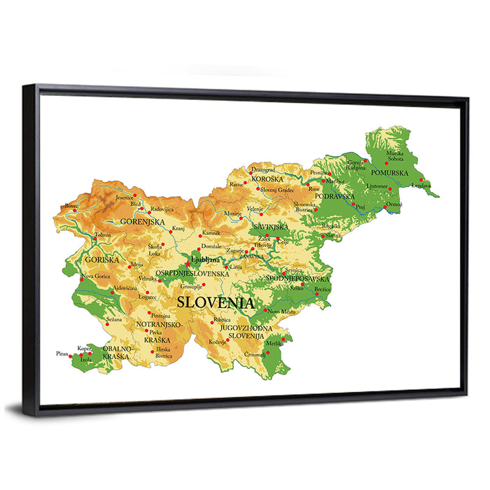 Slovenia Relief Map Wall Art as a framed canvas