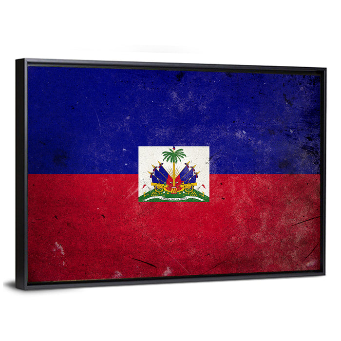 Haitian Flag with Distressed Emblem Wall Art as a framed canvas