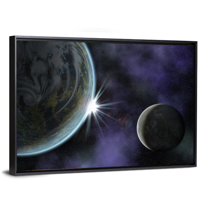 Twin Planets Sunrise Wall Art as a framed canvas