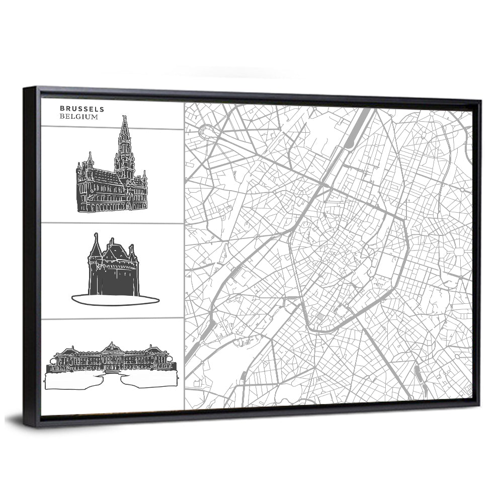 Brussels Map with Architectural Icons Wall Art