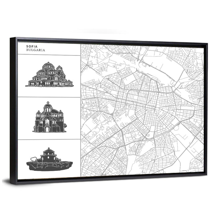 Sofia Map with Cathedral Illustrations Wall Art as a framed canvas