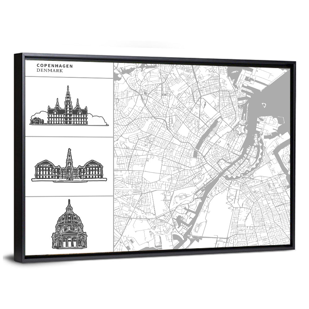 Copenhagen Map with Architectural Silhouettes Wall Art