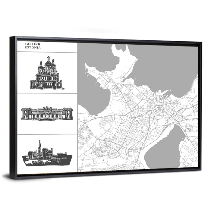 Tallinn Map with Cathedral and Palace Wall Art as a framed canvas