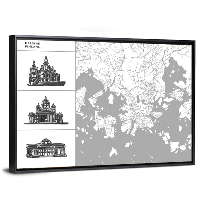 Helsinki Architectural Map Wall Art as a framed canvas