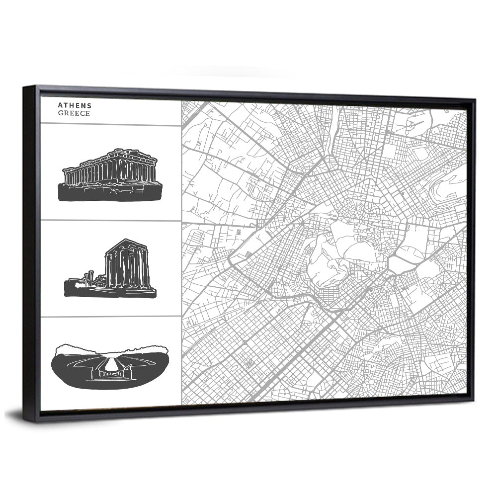 Athens Map with Parthenon Icons Wall Art