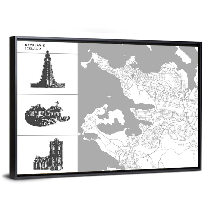 Reykjavik Map with Hallgrimskirkja Wall Art as a framed canvas