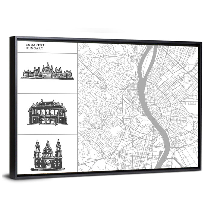 Budapest Map with Landmark Silhouettes Wall Art as a framed canvas