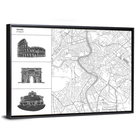 Rome Map with Landmark Sketches Wall Art