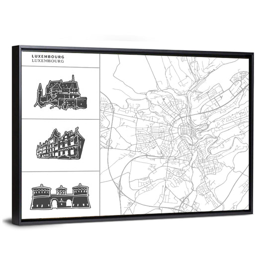 Luxembourg City Map with Landmark Sketches Wall Art