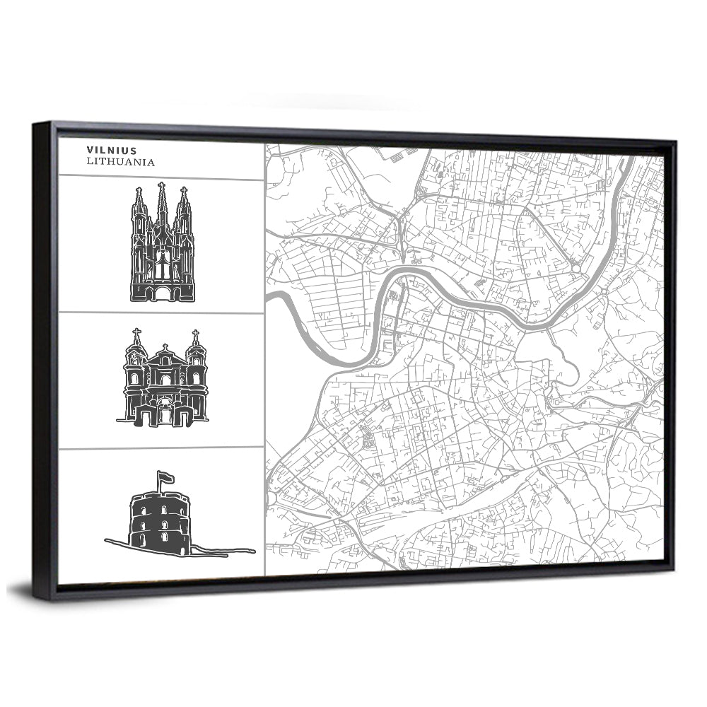 Vilnius Map with Architectural Sketches Wall Art