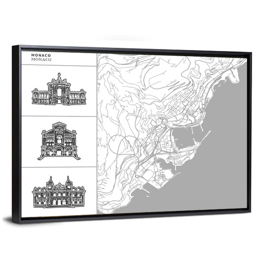 Monaco Map with Architectural Icons Wall Art