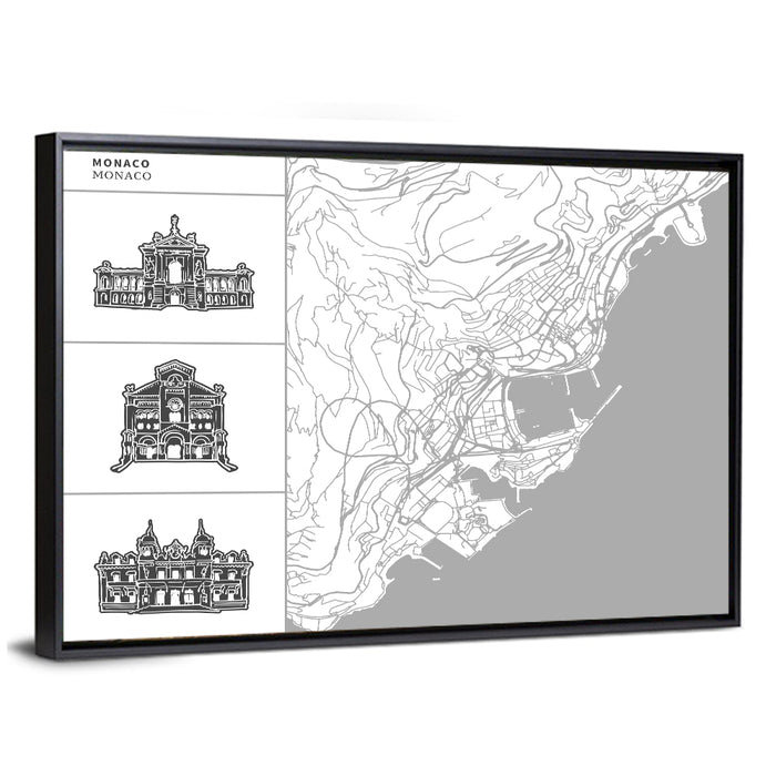 Monaco Map with Architectural Icons Wall Art as a framed canvas