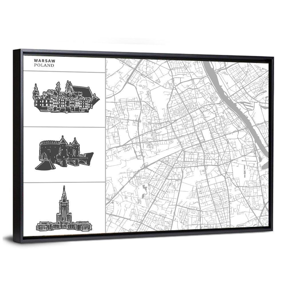 Warsaw Map with Skyline Silhouettes Wall Art