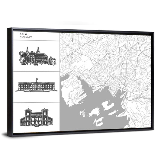 Oslo Map with Harbor Illustrations Wall Art