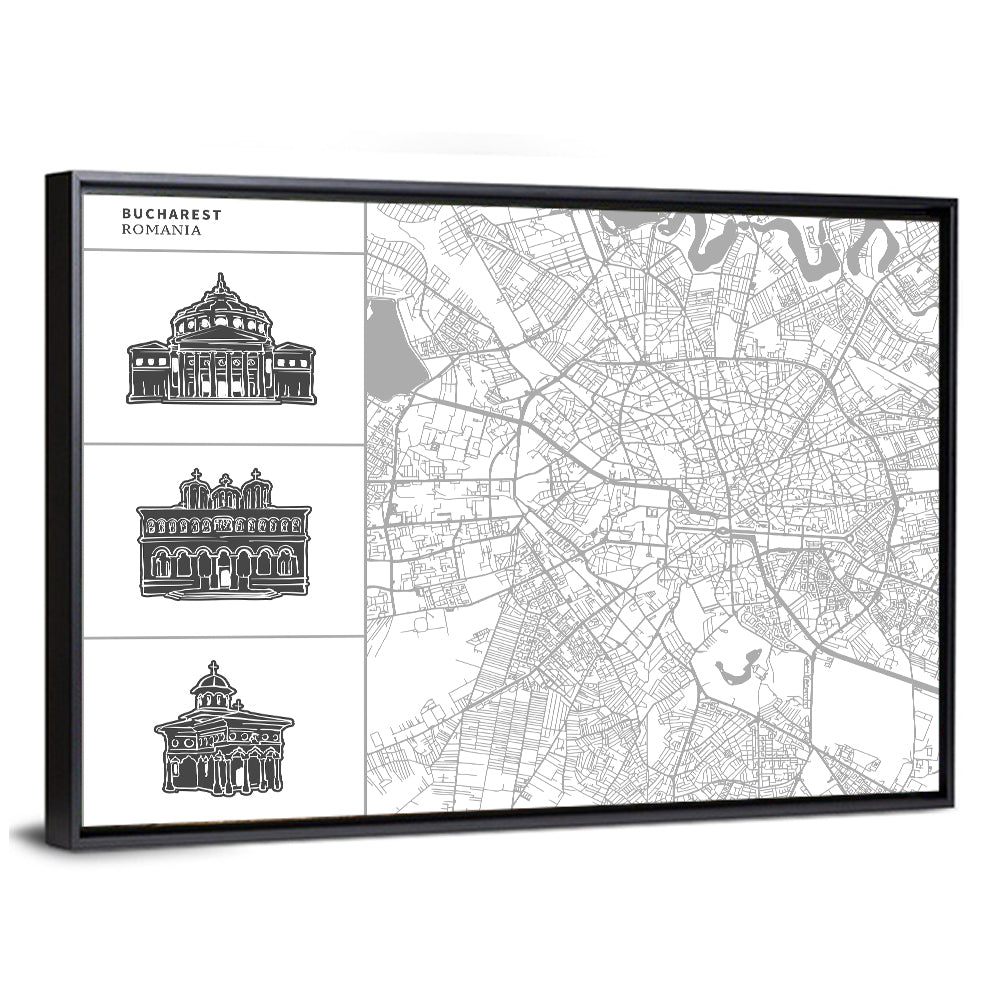 Bucharest City Map with Architectural Sidebar Wall Art