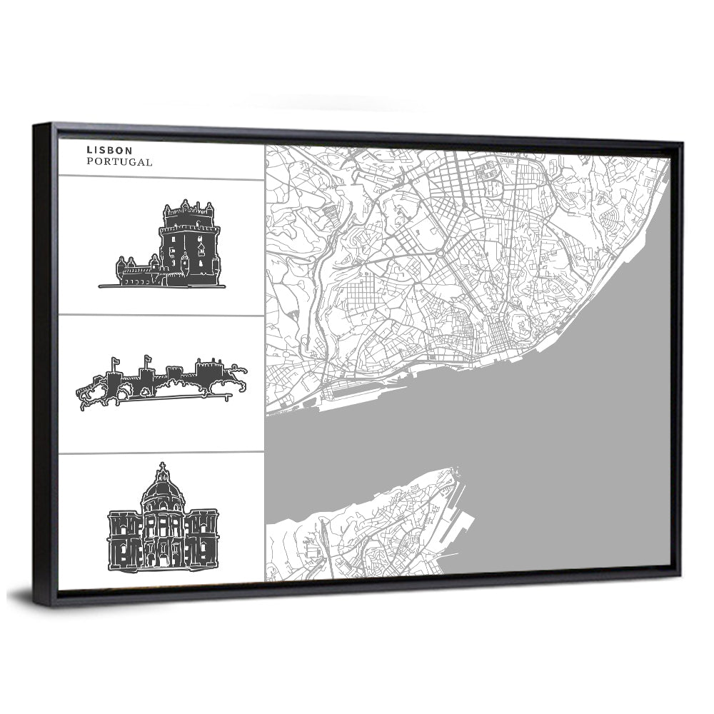 Lisbon Map with Architectural Icons Wall Art
