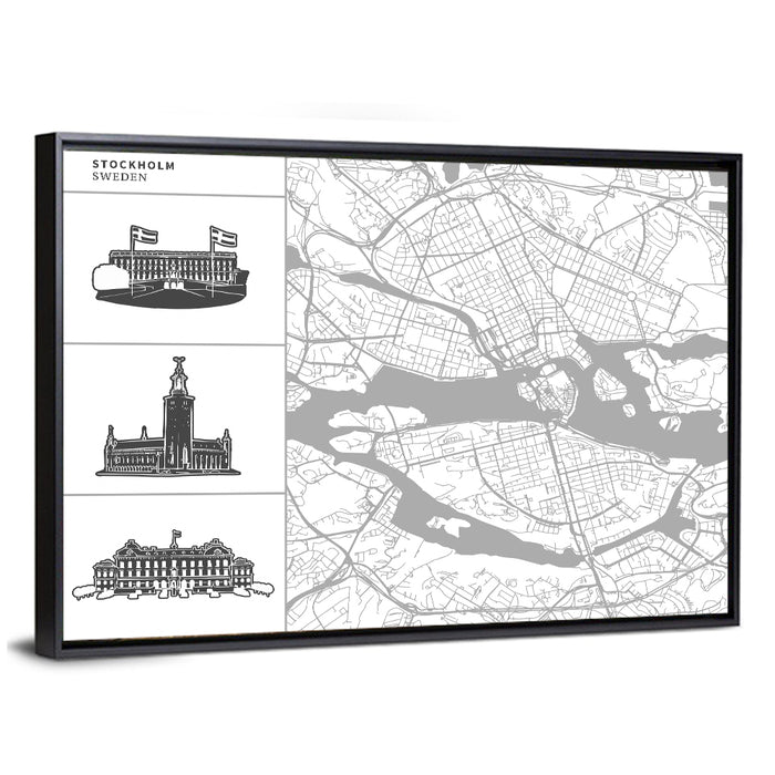 Stockholm Map with Architectural Illustrations Wall Art as a framed canvas