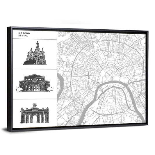Moscow Map with Landmark Silhouettes Wall Art