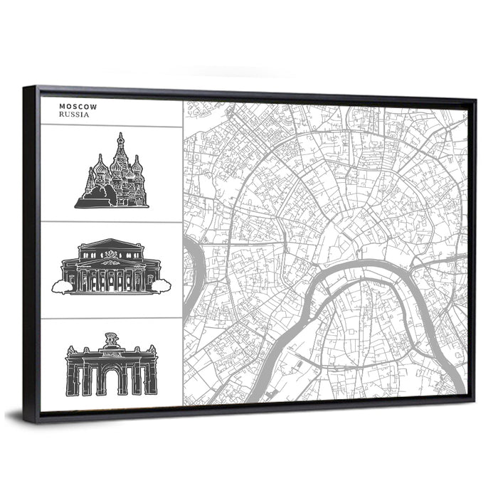 Moscow Map with Landmark Silhouettes Wall Art as a framed canvas