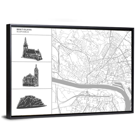 Bratislava Map with Castle and Cathedral Silhouettes Wall Art
