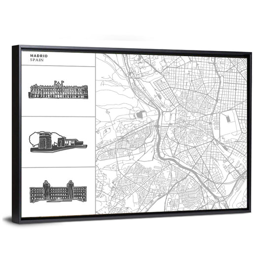 Madrid Map with Architectural Sidebar Wall Art