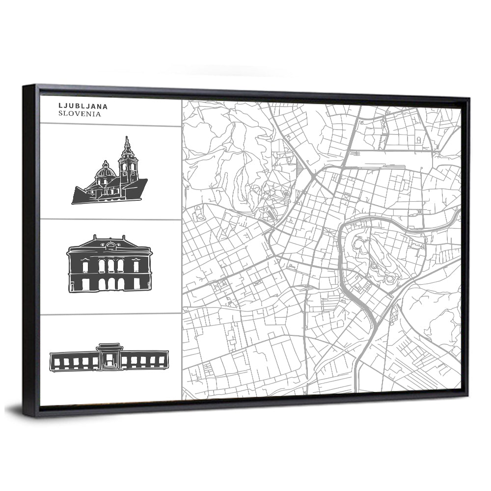 Ljubljana Map with Cathedral Silhouettes Wall Art